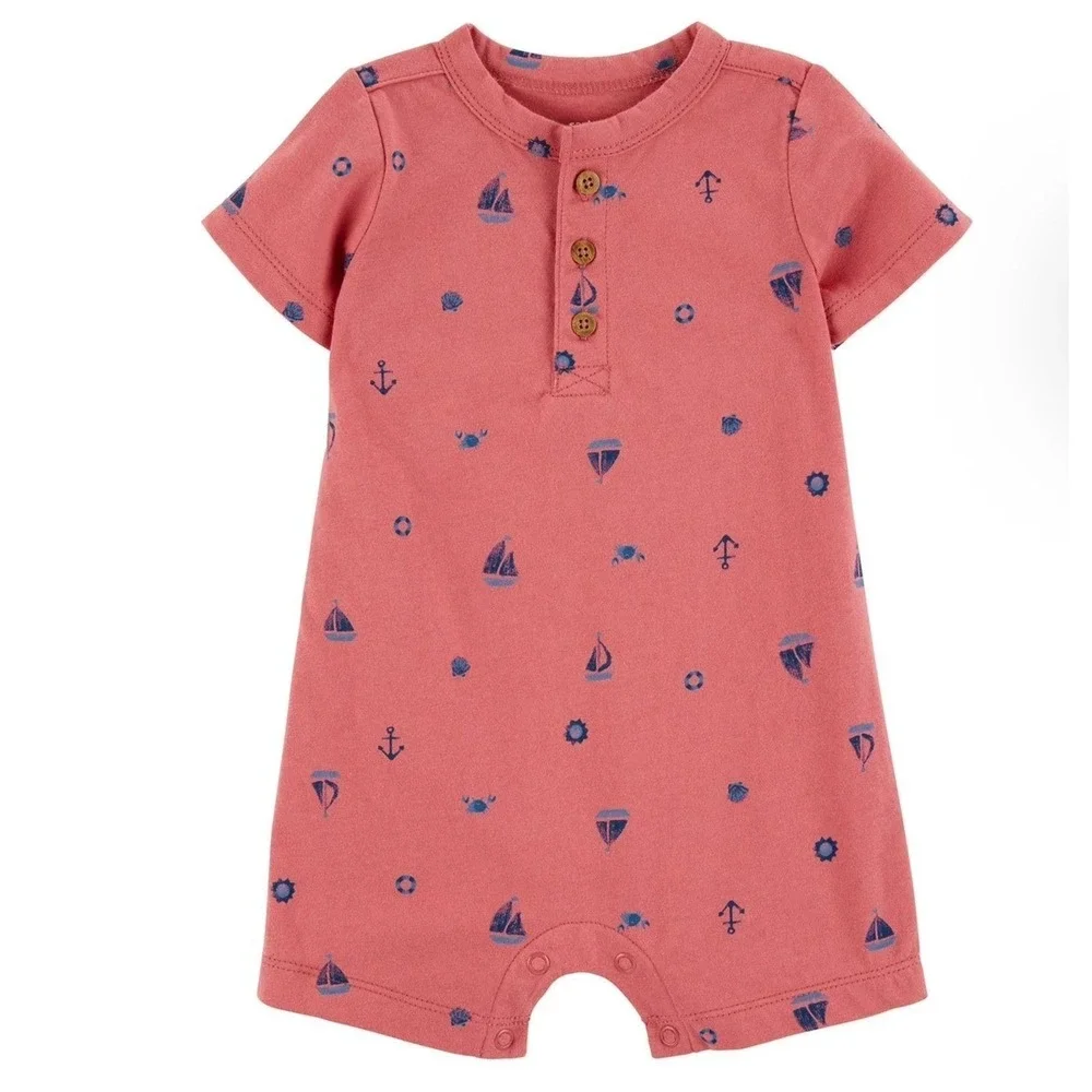Carters 12m Baby Boys Nautical Sailboat Henley Romper Coral Pink Short Sleeve